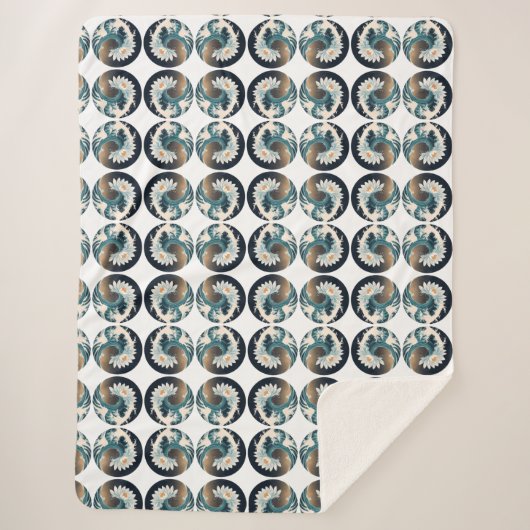 ホワイトロータス&海ウェーブ – 優雅な動き シェルパブランケット (正面)