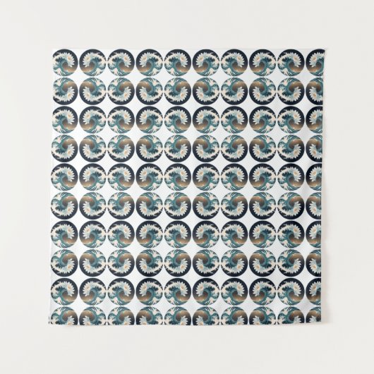 ホワイトロータス&海ウェーブ – 優雅な動き タペストリー (正面)