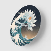 ホワイトロータス&海ウェーブ – 優雅な動き ラウンド壁時計 (傾斜)