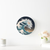 ホワイトロータス&海ウェーブ – 優雅な動き ラウンド壁時計 (ホーム)