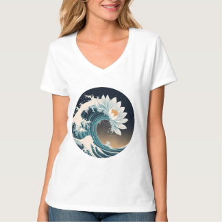ホワイトロータス&海ウェーブ – 優雅な動き Tシャツ