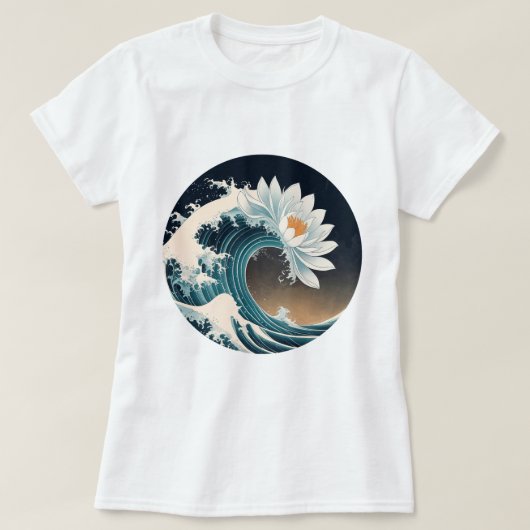 ホワイトロータス&海ウェーブ – 優雅な動き Tシャツ (デザイン正面)