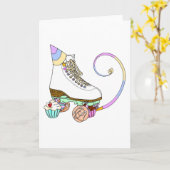 ホワイトローラースケート誕生日パーティーケーキカード カード (黄色い花)