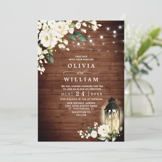 ホワイトロ素朴ーズウッドランタンウォーター結婚カラー 招待状 (スタンド正面)