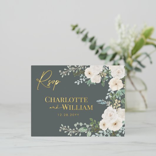 ホワイトロ素朴ーズグリーンリーモダンボタニカルRSVP 箔招待状ポストカード (立ち正面)