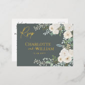 ホワイトロ素朴ーズグリーンリーモダンボタニカルRSVP 箔招待状ポストカード (正面/裏面)