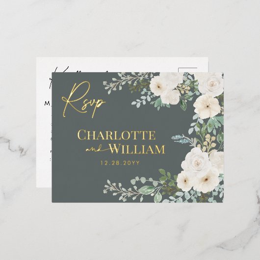 ホワイトロ素朴ーズグリーンリーモダンボタニカルRSVP 箔招待状ポストカード (正面/裏面)