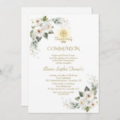 ホワイトワイルドバラ金ゴールドグリッターファーストコミュニオン 招待状 (正面/裏面)