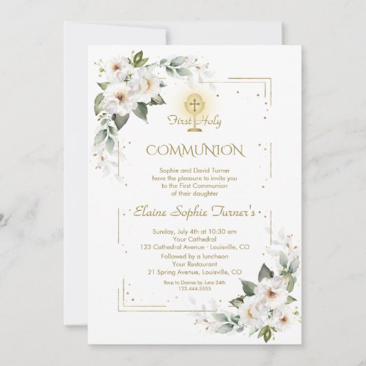 ホワイトワイルドバラ金ゴールドグリッターファーストホーリーコミュニオン 招待状 (正面)