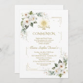 ホワイトワイルドバラ金ゴールドグリッターファーストホーリーコミュニオン 招待状 (正面/裏面)