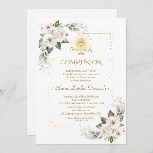 ホワイトワイルドバラ金ゴールドグリッターファーストホーリーコミュニオン 招待状 (正面/裏面)