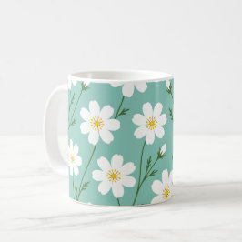 ホワイトワイルドフラワーの植物画パターン コーヒーマグカップ