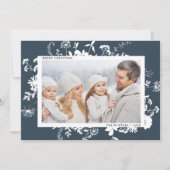 ホワイトワイルドフラワーシルエットのクリスマスフォトネイビー シーズンカード (正面)