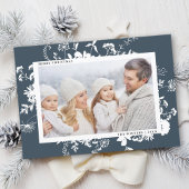 ホワイトワイルドフラワーシルエットのクリスマスフォトネイビー シーズンカード