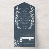 ホワイトワイルドフラワーシルエット結婚リースズネイビー オールインワン招待状 (内側)