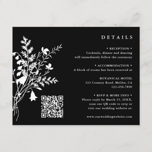 ホワイトワイルドフラワーブーケブラック結婚ズ詳細 エンクロージャーカード (正面)