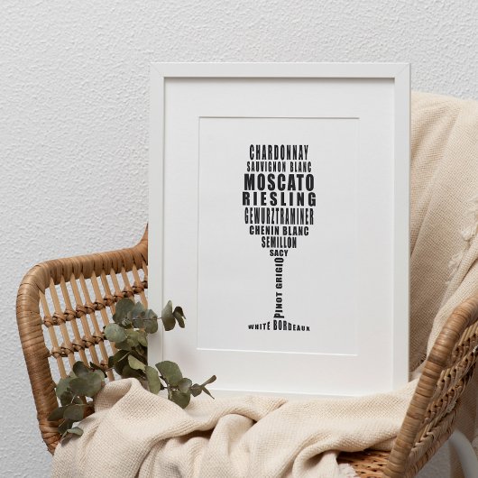 ホワイトワインタイポグラフィアートin白黒 ポスター