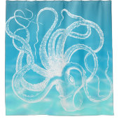 ホワイトヴィンテージクラーケンイラストレーション海ウォーター シャワーカーテン (正面)