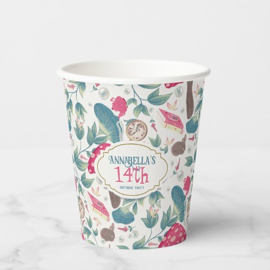 ホワイトヴィンテージコテージコアキノコ誕生日 紙コップ (正面)