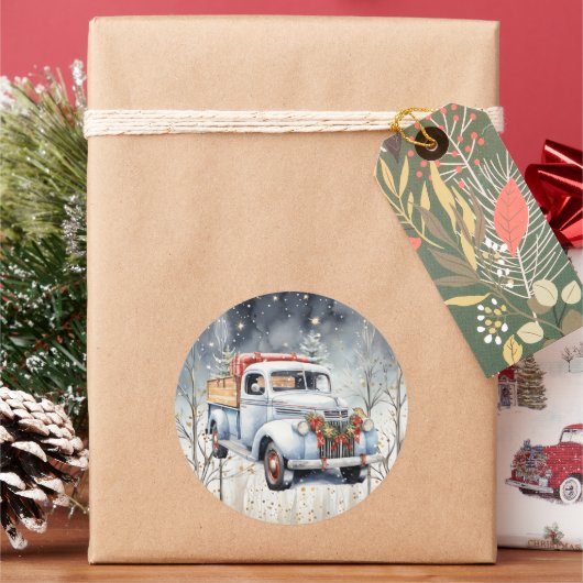 ホワイトヴィンテージトラック冬のシーンクリスマス ラウンドシール (クリスマス)