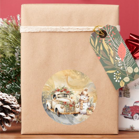 ホワイトヴィンテージトラック金ゴールドスカイ雪だるまクリスマス ラウンドシール (クリスマス)