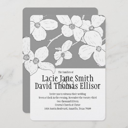 ホワイトヴィンテージドッグウッドオングレイ結婚式招待状 招待状 (正面/裏面)