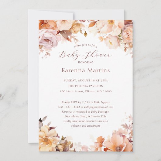 ホワイトヴィンテージフローラ秋ベビーシャワー 招待状 (正面)