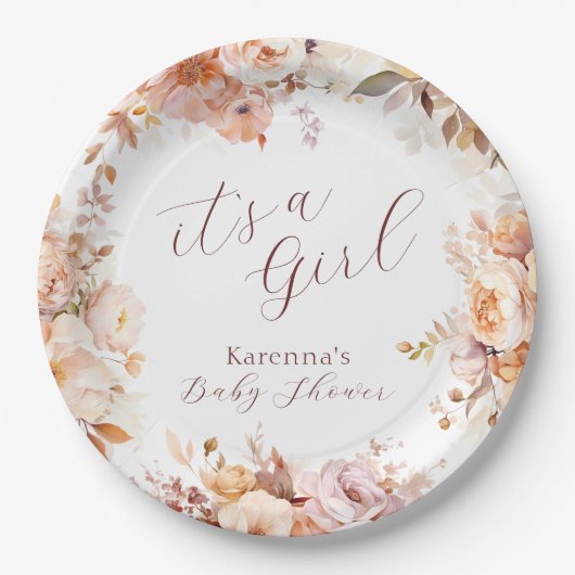 ホワイトヴィンテージフローラ秋女の子ベビーシャワー ペーパープレート (正面)