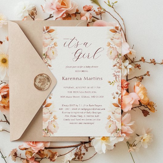 ホワイトヴィンテージフローラ秋女の子ベビーシャワー 招待状