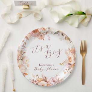 ホワイトヴィンテージフローラ秋It's a Boy Baby Shower ペーパープレート