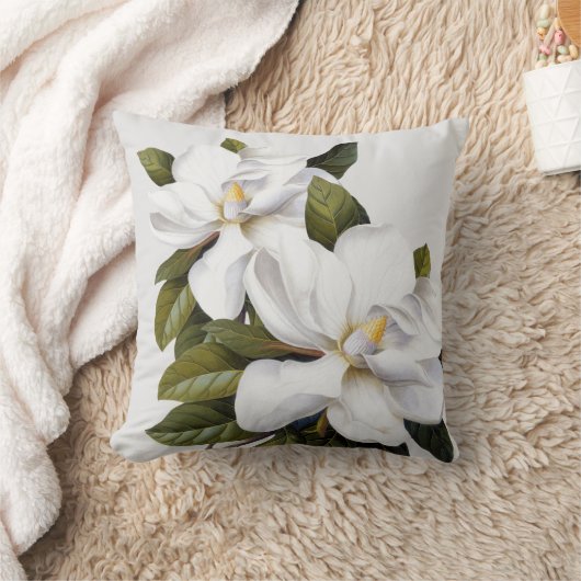 ホワイトヴィンテージマグノリアボタニカルプリントシルバーグレイ クッション (ブランケット)
