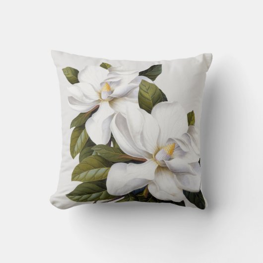 ホワイトヴィンテージマグノリアボタニカルプリントシルバーグレイ クッション (正面)