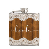 ホワイトヴィンテージレースブラウンウッドブライドタイポグラフィ フラスク (正面)