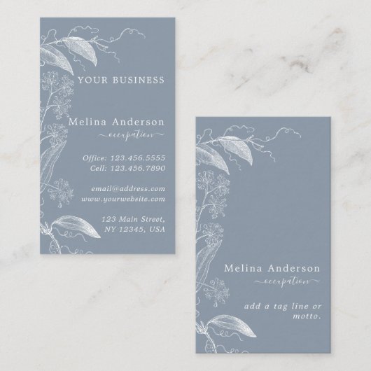 ホワイトヴィンテージ植物性ダスティブルービジネスカード 名刺 (正面/裏面)