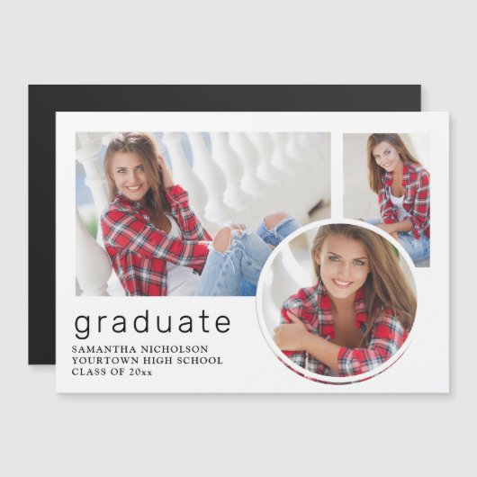 ホワイト卒業3写真コラージュのお知らせ マグネット招待状 (正面/裏面)