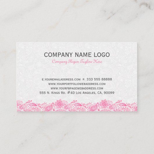 ホワイト及びピンクのフローラペイズリーレース名刺 名刺 (裏面)