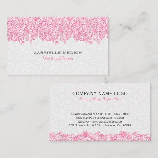 ホワイト及びピンクのフローラペイズリーレース名刺 名刺 (正面/裏面)