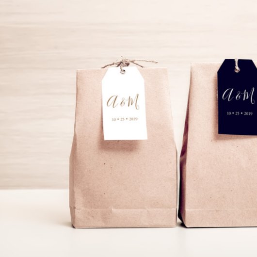 ホワイト及び金ゴールドエレガントモノグラム結婚式の引き出物ラベル ギフトタグ