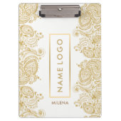 ホワイト及び金ゴールドフローラヴィンテージペイズリーレース クリップボード (正面)