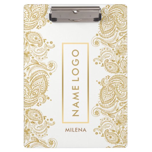 ホワイト及び金ゴールドフローラヴィンテージペイズリーレース クリップボード (正面)