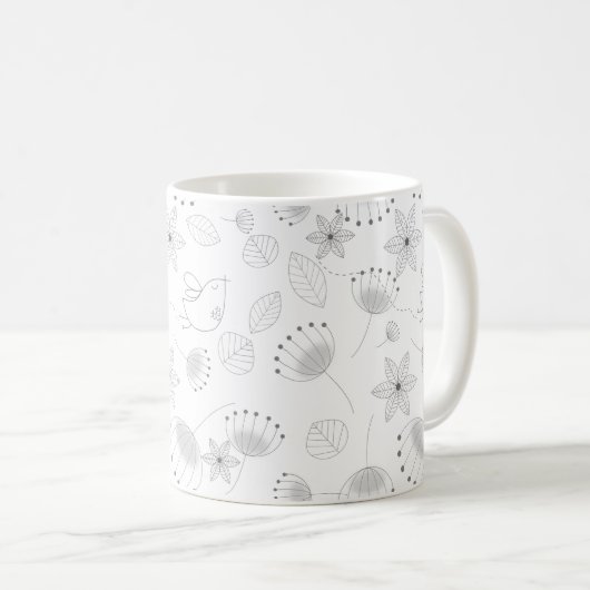 ホワイト地に幻想的なかわいい花と鳥のデザイン コーヒーマグカップ (正面右)