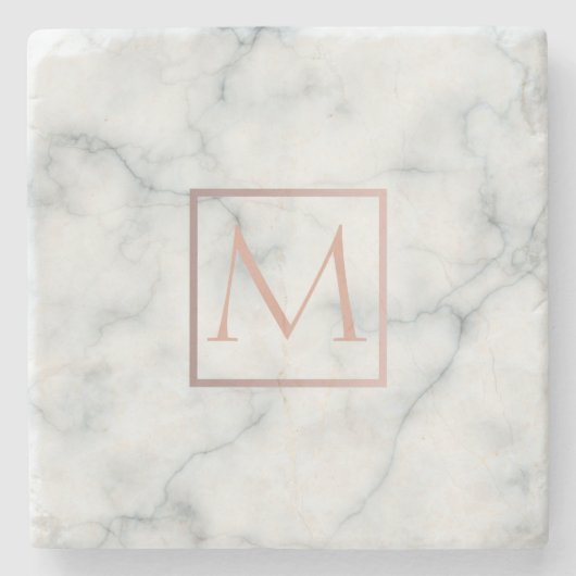 ホワイト大理石にローズゴールドのイニシャル ストーンコースター (正面)