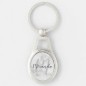 ホワイト大理石スクリプトパーソナライズモノグラムと名前 キーホルダー (正面)