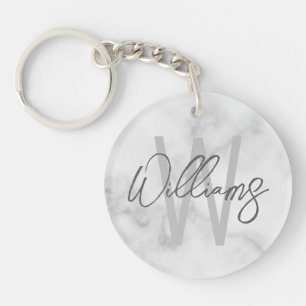 ホワイト大理石スクリプトパーソナライズモノグラムと名前 キーホルダー