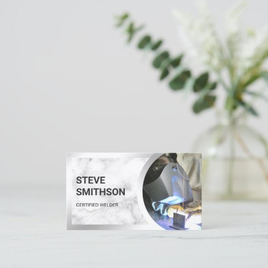 ホワイト大理石鋼溶接ファブリケーター溶接工 名刺 (スタンド正面)