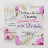 ホワイト大理石＆ピンクの蘭の誕生日招待状 招待状 (正面/裏面)