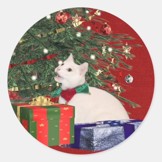 ホワイト子猫クリスマス ラウンドシール (正面)