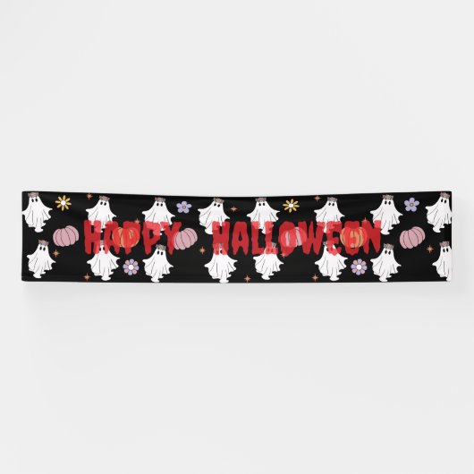 ホワイト幽霊&パンプキンバナー – ハロウィーンデコール 横断幕 (横)