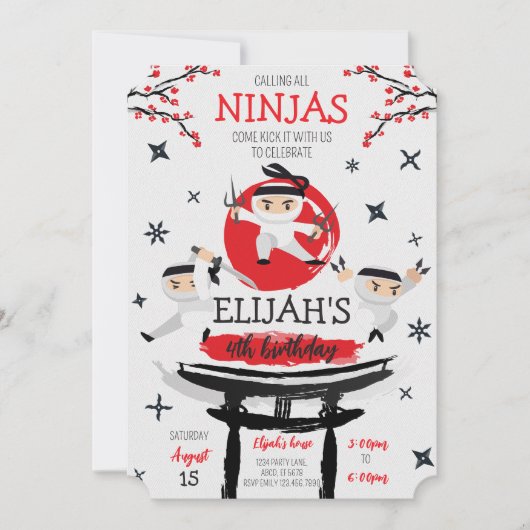 ホワイト忍者ウォリアー武術アーツ誕生日 招待状 (正面)
