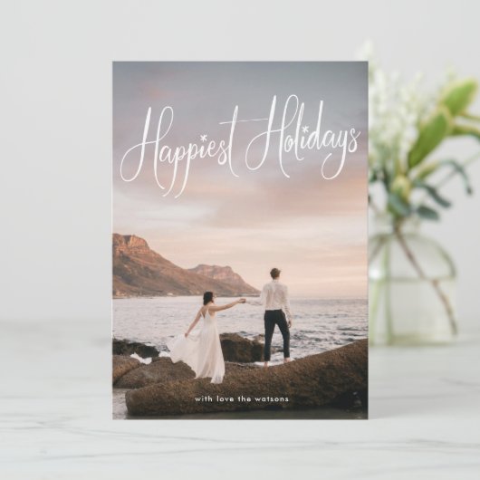 ホワイト手書き最も幸せな休日のフォトカード シーズンカード (スタンド正面)